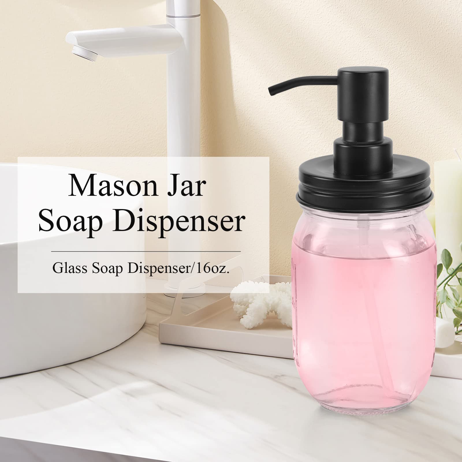 Premium Quality Mason Jar Soap Dispenser - Black 16 Ounce - Made From Rust Proof Stainless Steel - Dish And Hand Soap Dispenser